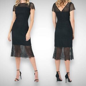 Kay Unger Black Tatum Floral Lace Sheath‎ Midi Dress Size 10 Cocktail Effortless